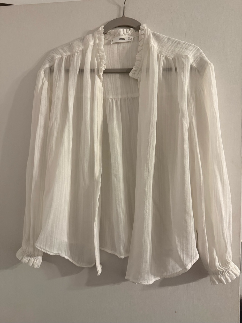 Mango Sheer Cream Tie-Neck Ruffle Blouse